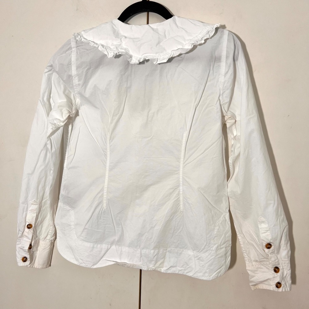 Ganni Poplin V Neck Shirt Women 34 White Organic Cotton Ruffle Peter Pan Collar - Picture 4 of 9